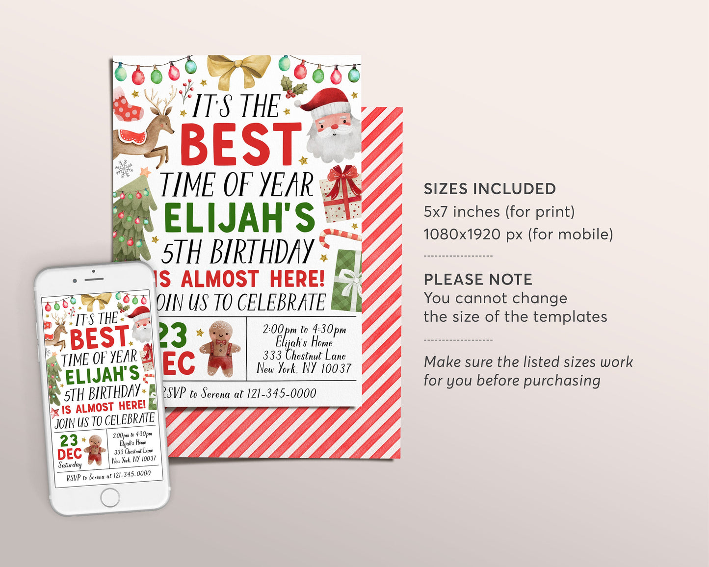 Christmas Birthday Invitation Editable Template, It's The Best Time of Year Party Invite, Kids Unisex Holiday Santa Reindeer Birthday Evite