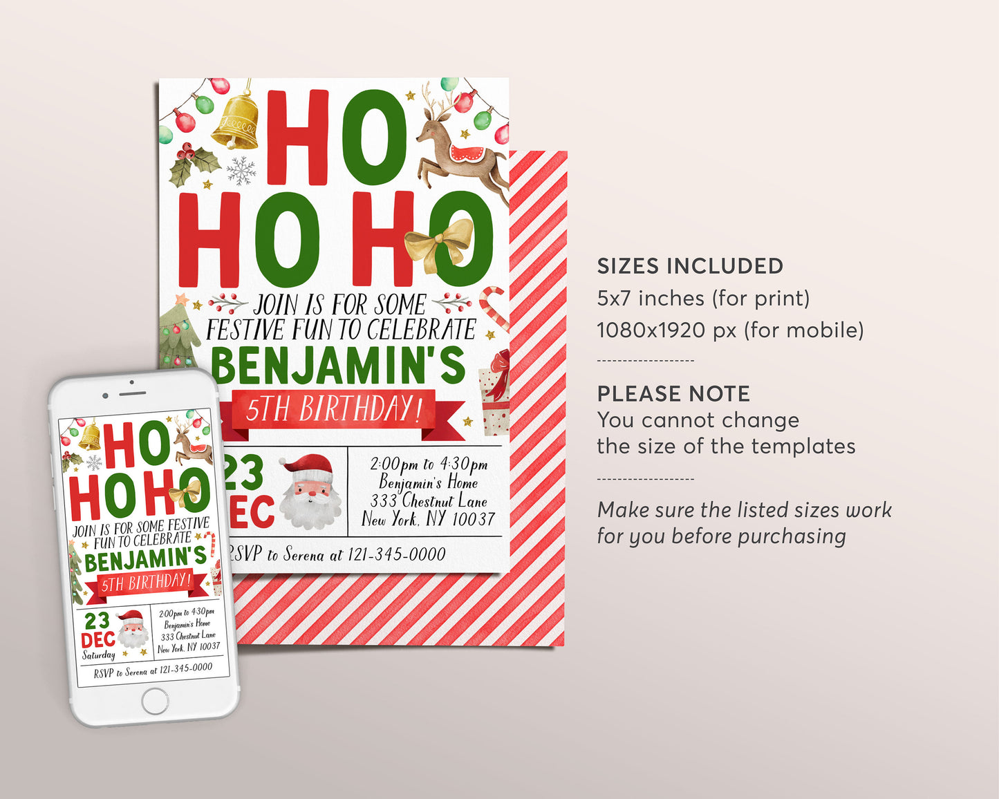 Christmas Birthday Invitation Editable Template, Ho Ho Ho Holiday Birthday Party Invite, Kids Unisex Santa Reindeer Xmas Tree Festive Evite