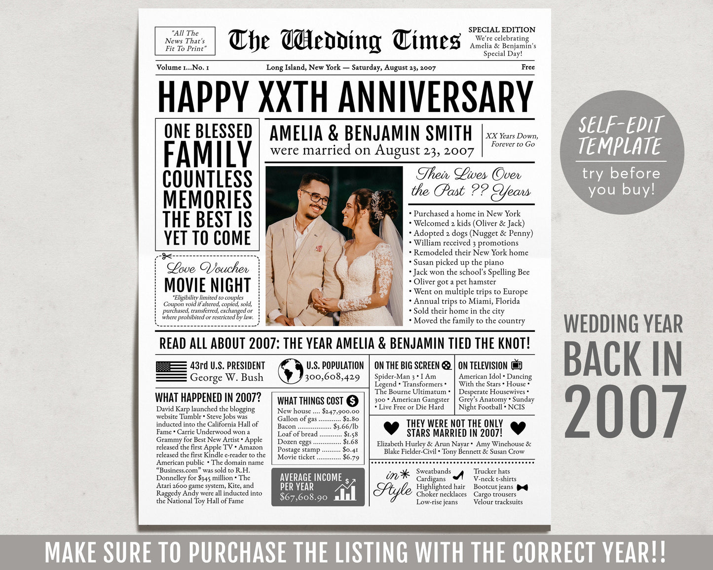 Back in 2007 17th 18th 19th Anniversary Gift Newspaper Editable Template