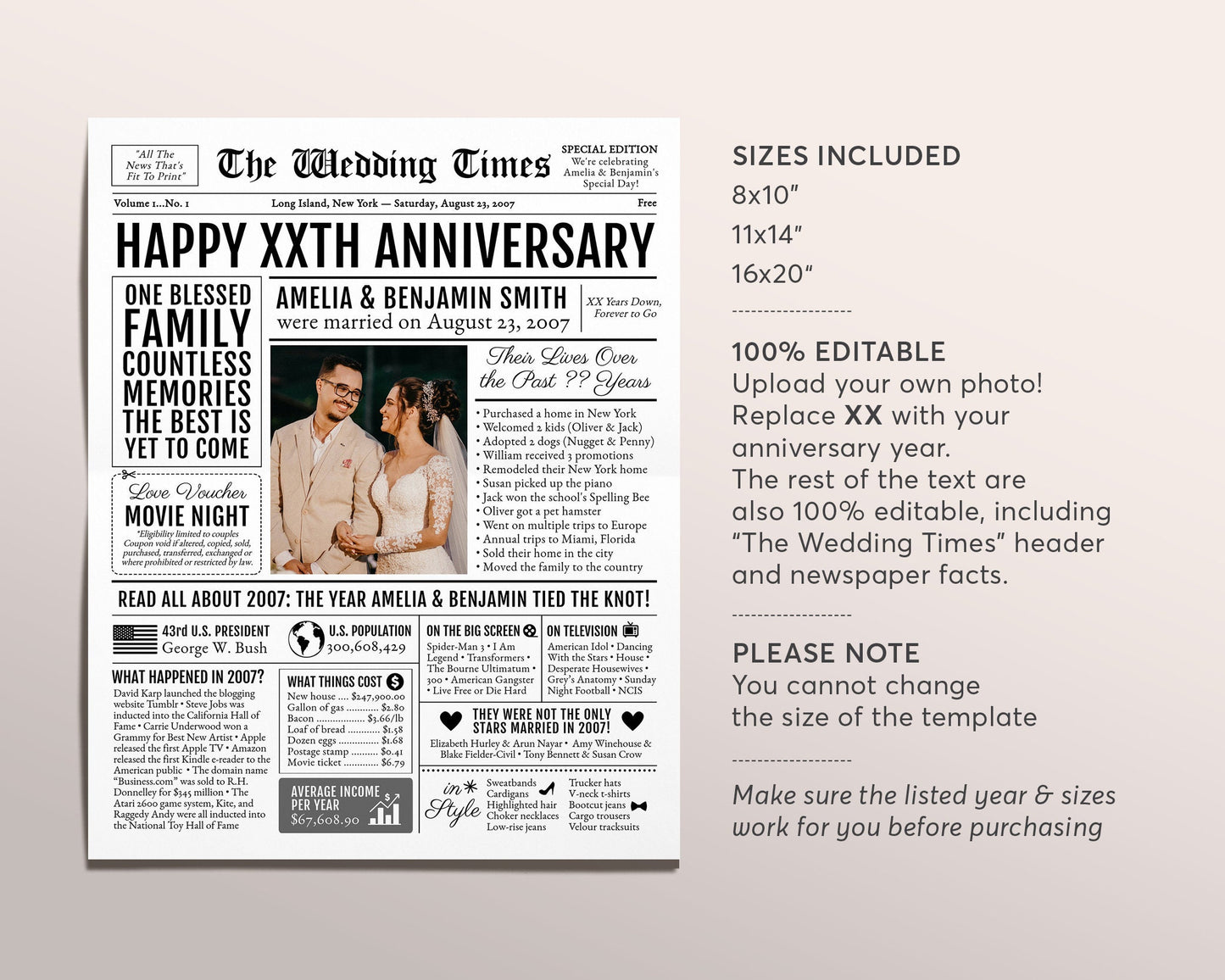 Back in 2007 17th 18th 19th Anniversary Gift Newspaper Editable Template, Personalized 17 18 19 Year Wedding For Parents Husband Or Wife