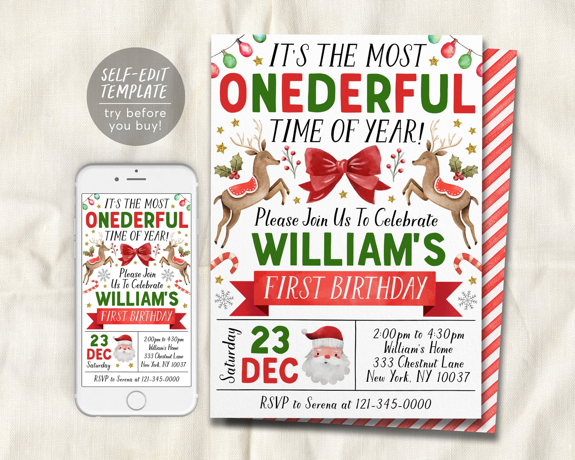 Christmas First Birthday Invitation Editable Template