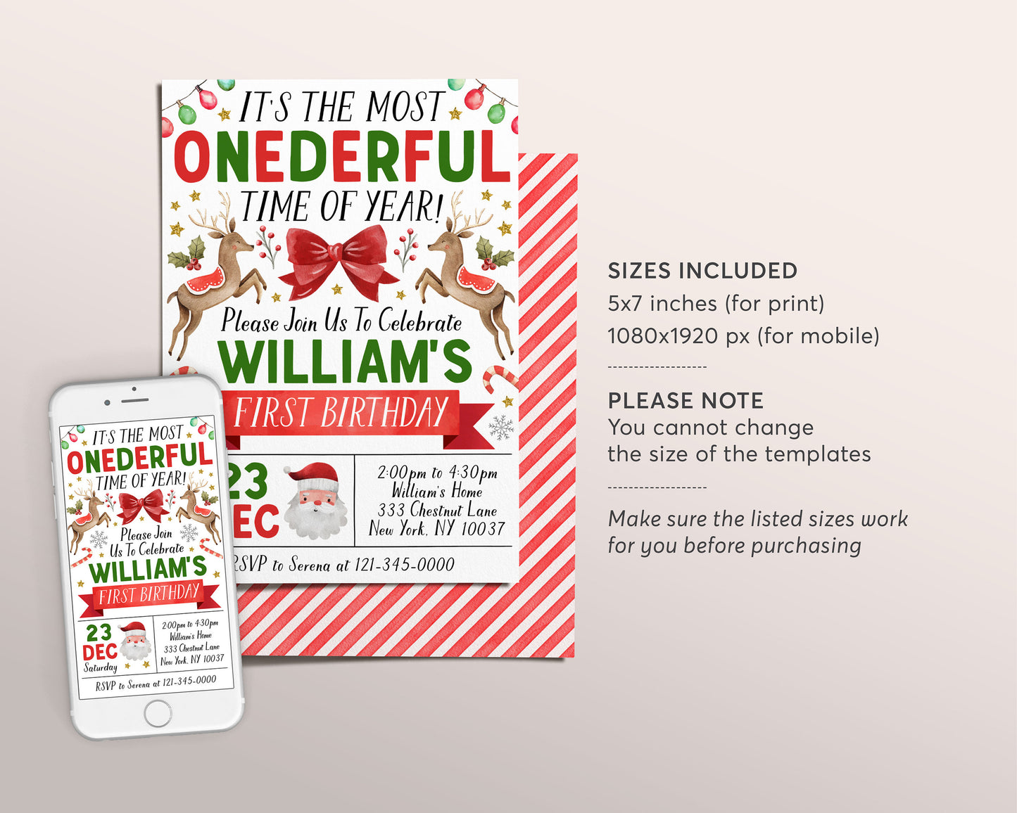 Christmas First Birthday Invitation Editable Template, Onederful Time of the Year 1st Birthday Party Invite, Kids Festive Holiday Evite