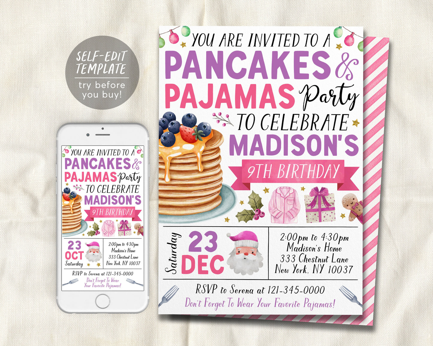 Christmas Pancakes and Pajamas Birthday Invitation Editable Template