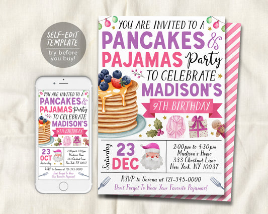 Christmas Pancakes and Pajamas Birthday Invitation Editable Template