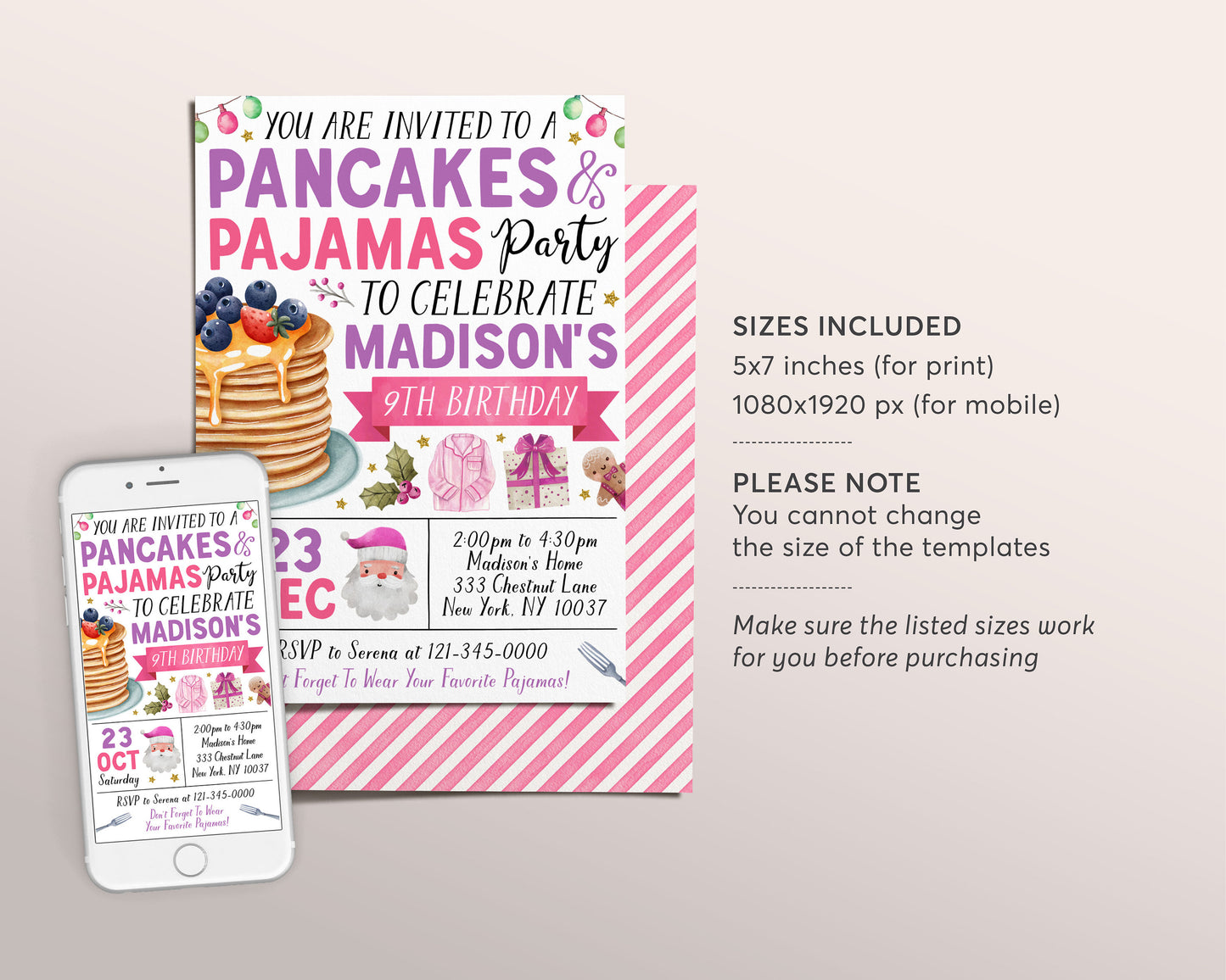 Christmas Pancakes and Pajamas Birthday Invitation Editable Template, Brunch Pancakes With Santa Party Invite, Kids Girl PJs Holiday Evite