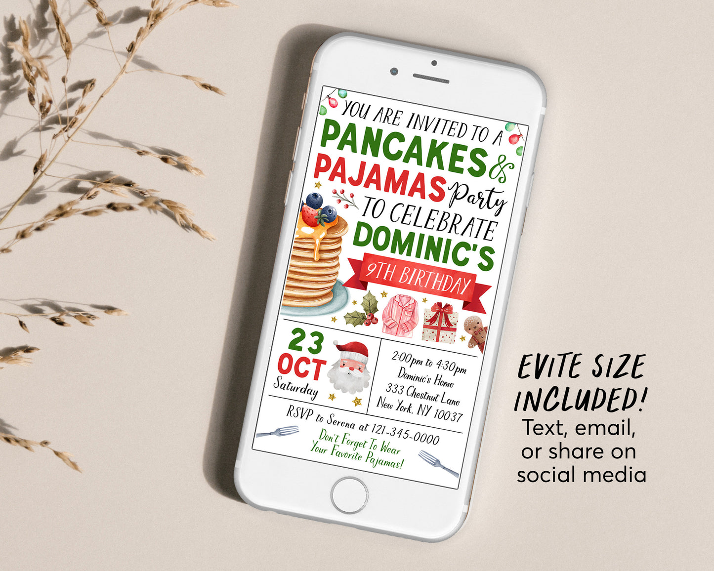 Christmas Pancakes and Pajamas Birthday Invitation Editable Template, Brunch Pancakes With Santa Party Invite, Kids PJs Xmas Holiday Evite