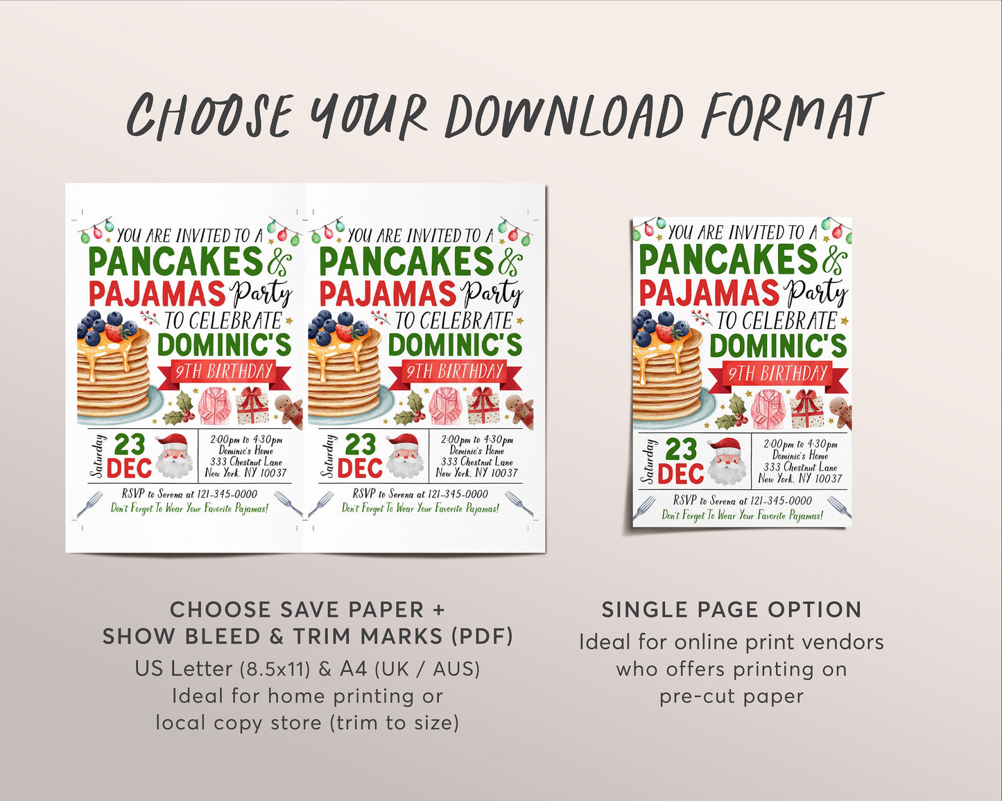 Christmas Pancakes and Pajamas Birthday Invitation Editable Template, Brunch Pancakes With Santa Party Invite, Kids PJs Xmas Holiday Evite