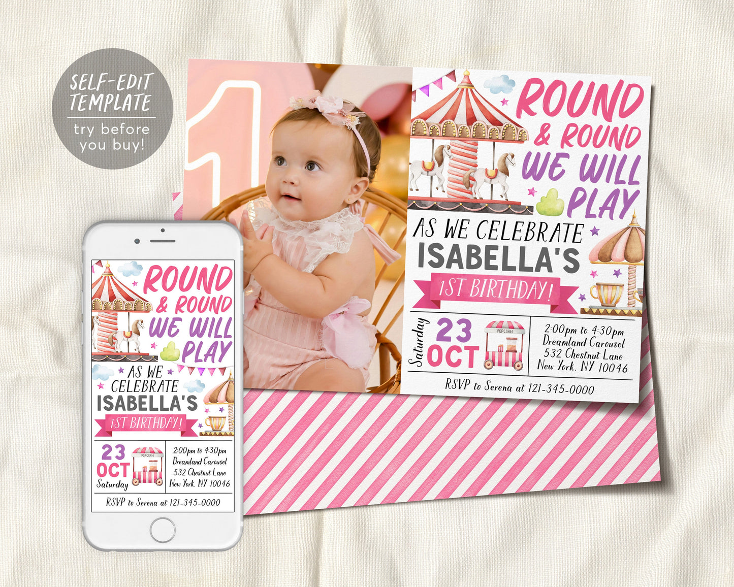 Carousel Birthday Invitation With Photo Editable Template