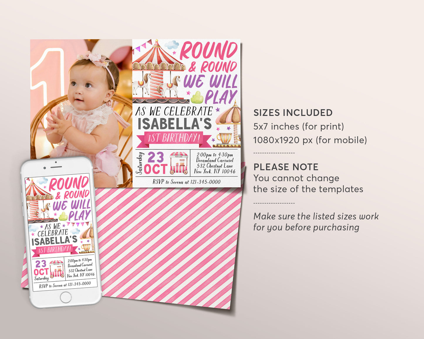 Carousel Birthday Invitation With Photo Editable Template, Girl Magical Carousel First Birthday Invite, Merry Go Round Party Carnival Evite