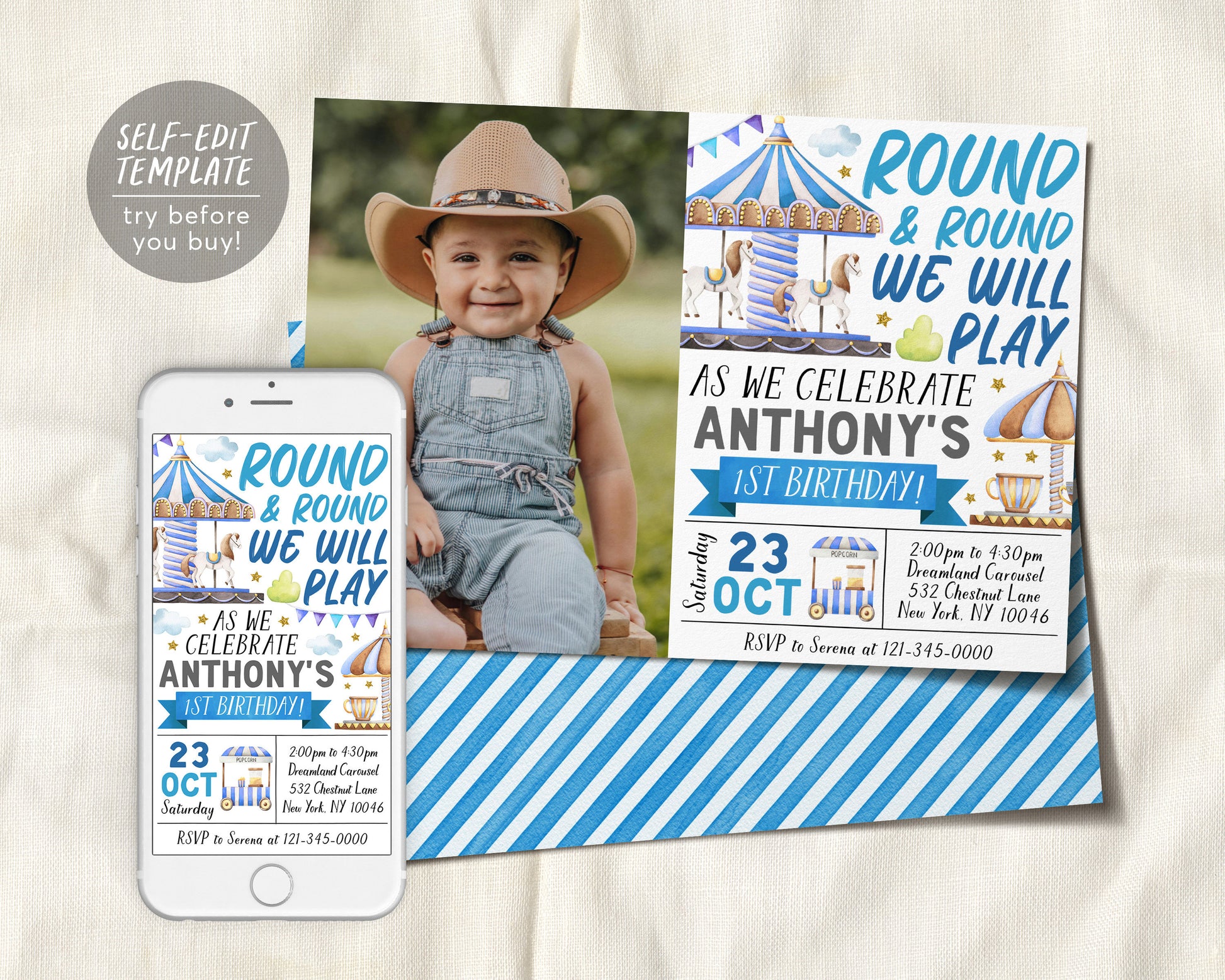 Carousel Birthday Invitation With Photo Editable Template