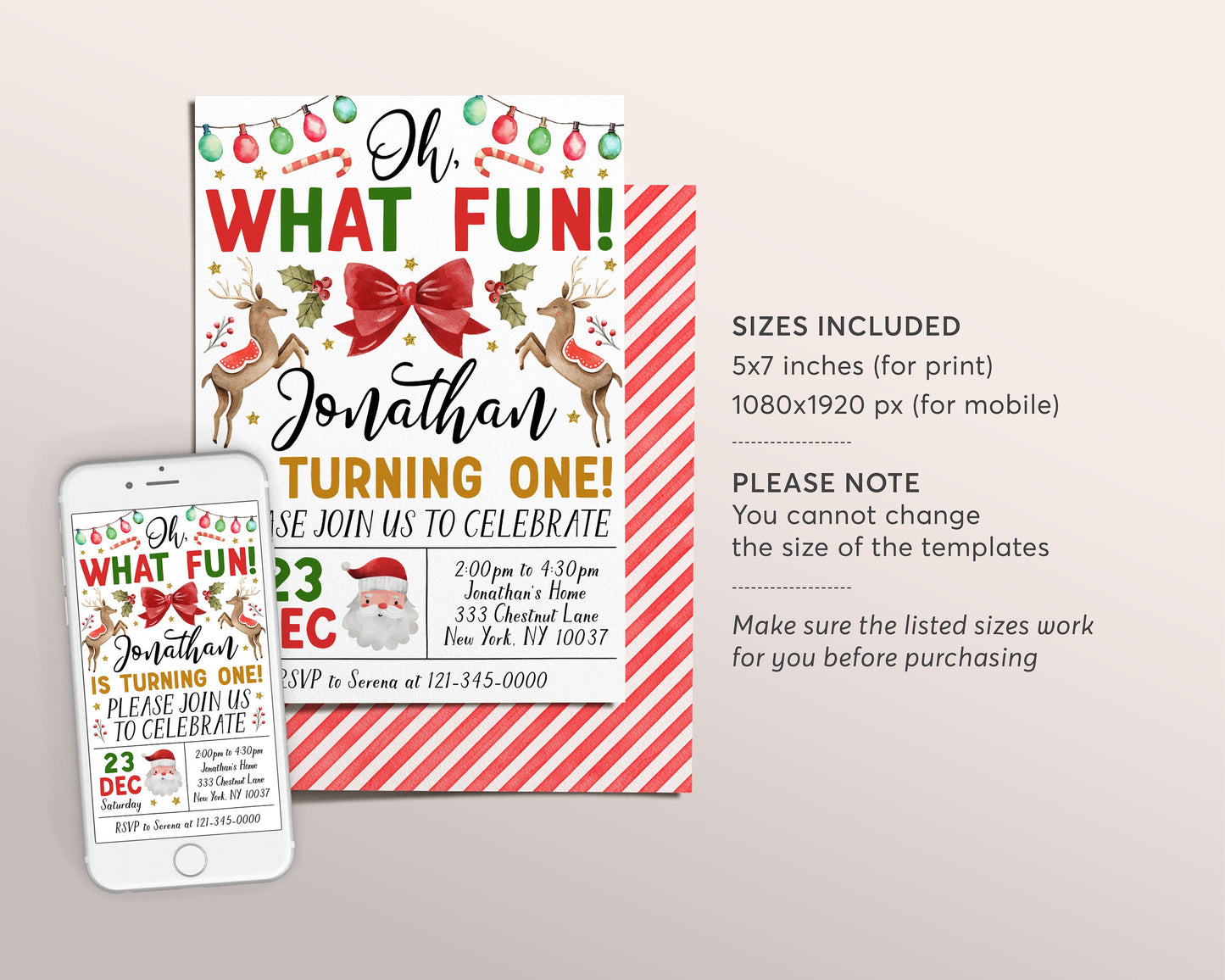 Christmas Birthday Invitation Editable Template, Oh What Fun First 1st Birthday Party Invite, Kids Festive Holiday Reindeer Santa Xmas Evite