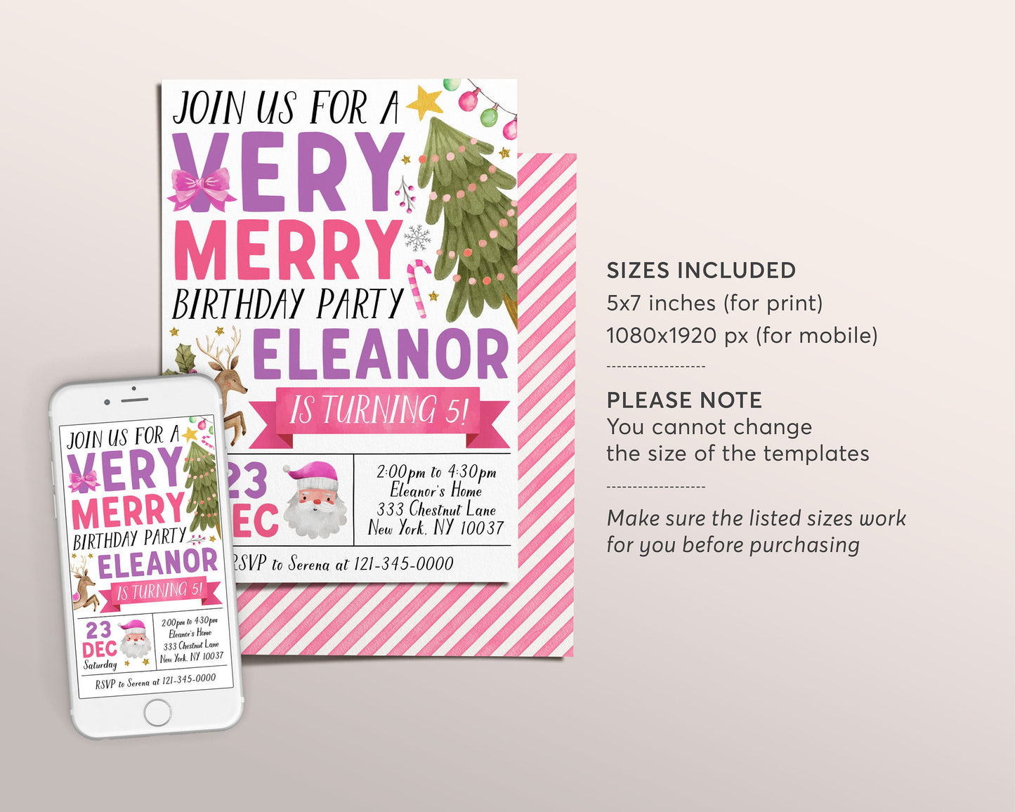 Christmas Very Merry Birthday Invitation Editable Template, Santa Holiday Winter Party Invite, Kids Girl Festive Holiday Reindeer Evite