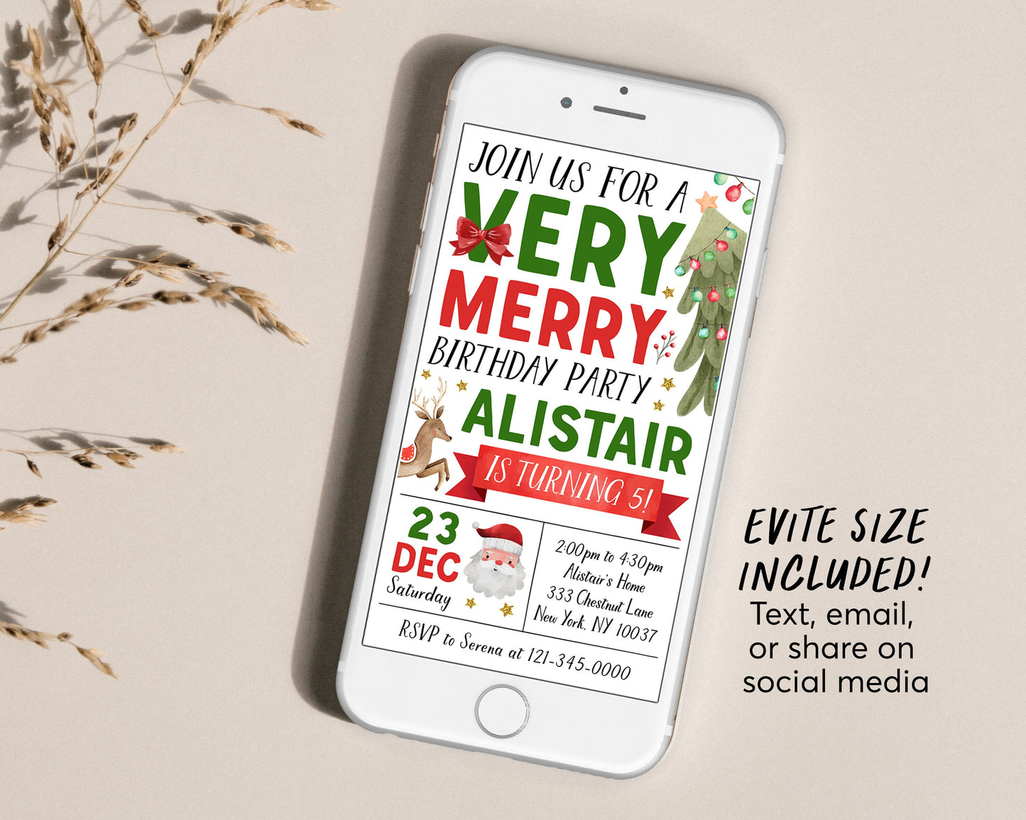 Christmas Very Merry Birthday Invitation Editable Template, Santa Holiday Winter Party Invite, Kids Unisex Festive Holiday Reindeer Evite