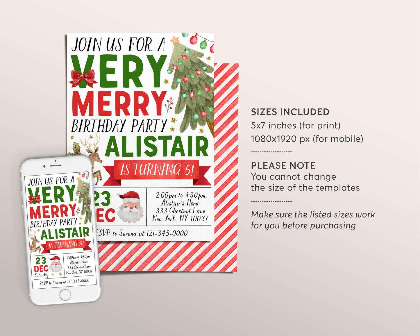 Christmas Very Merry Birthday Invitation Editable Template, Santa Holiday Winter Party Invite, Kids Unisex Festive Holiday Reindeer Evite