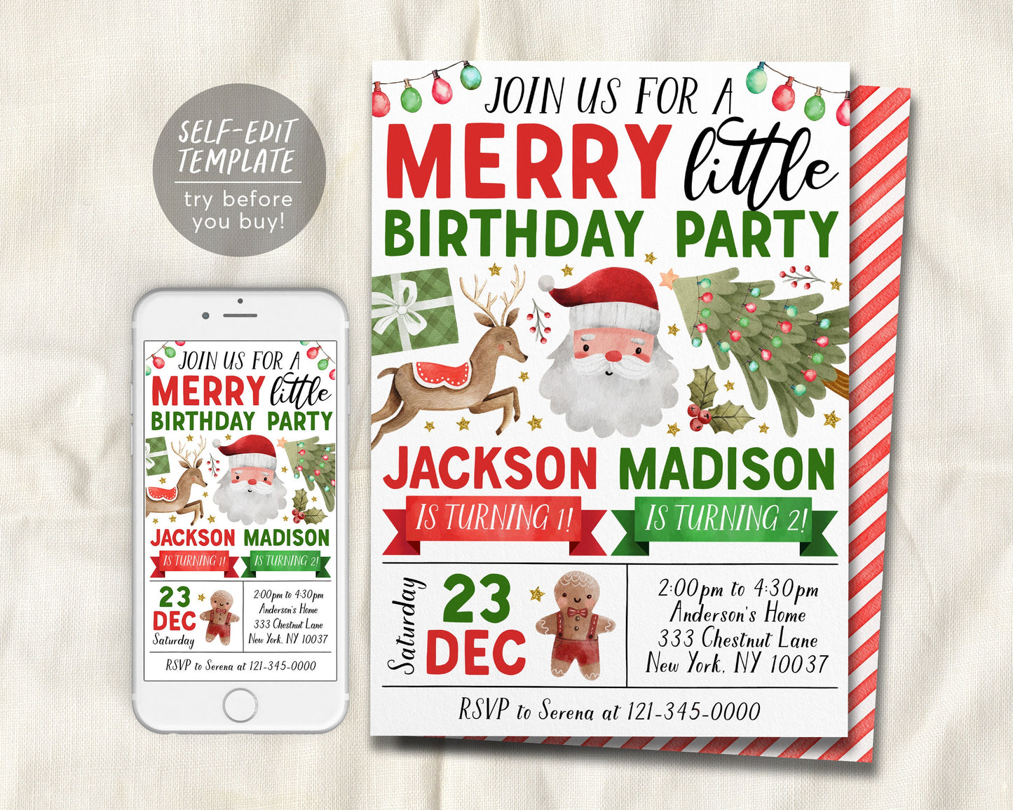 Christmas Joint Siblings Birthday Invitation Editable Template