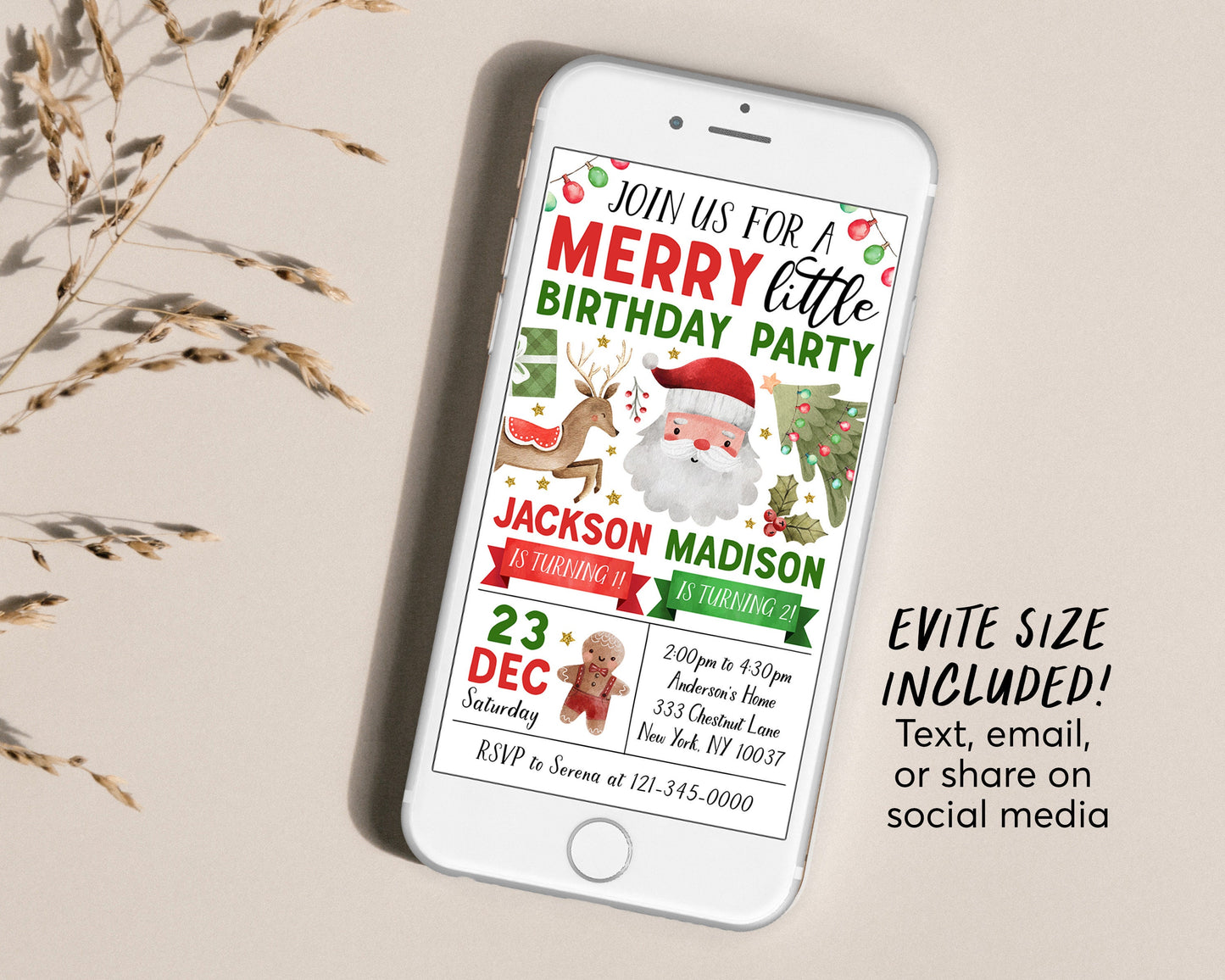 Christmas Joint Siblings Birthday Invitation Editable Template, Twins Kids Merry Little Birthday Party Invite, Santa Holiday Reindeer Evite