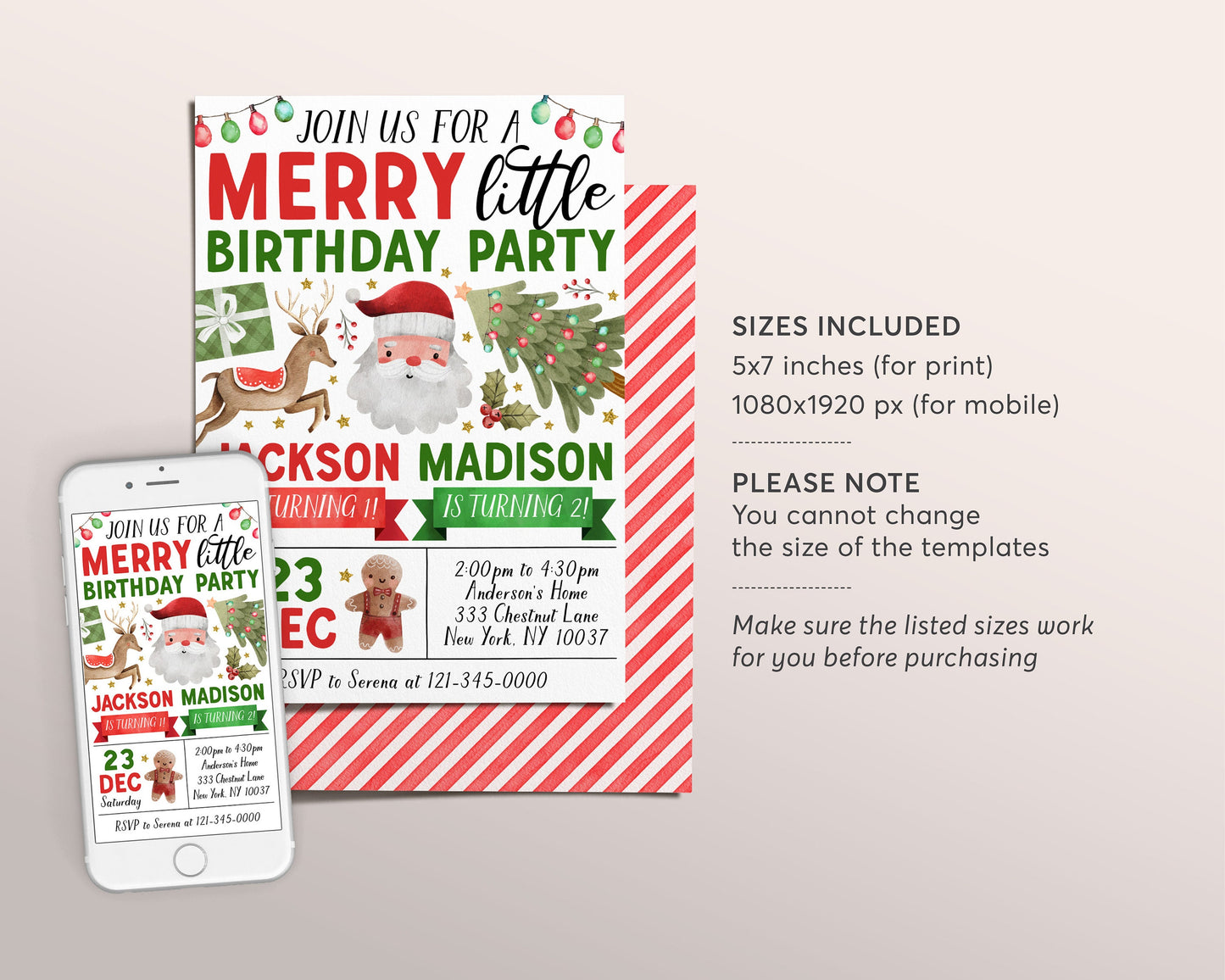 Christmas Joint Siblings Birthday Invitation Editable Template, Twins Kids Merry Little Birthday Party Invite, Santa Holiday Reindeer Evite