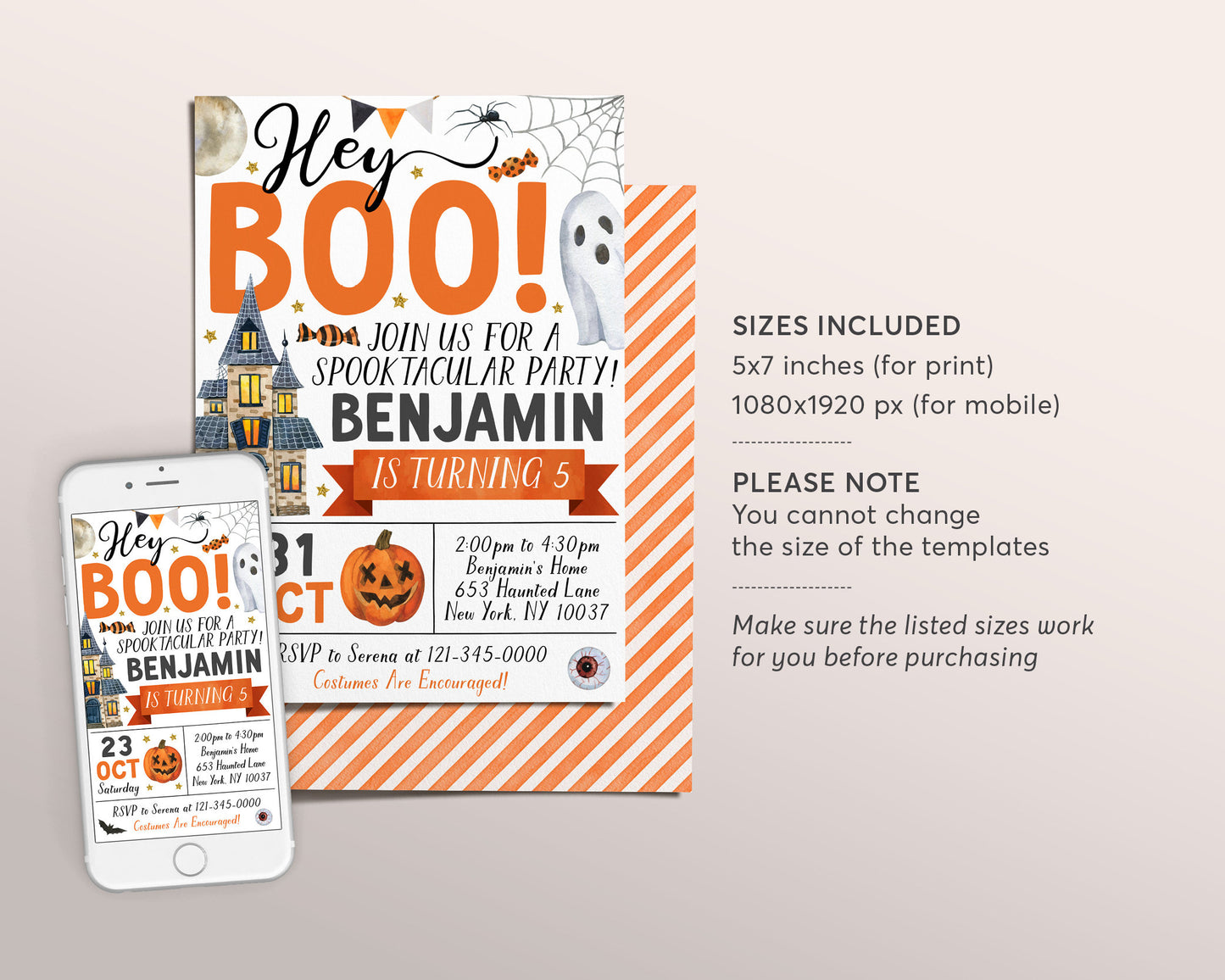 Halloween Birthday Invitation Editable Template, Hey Boo Ghost Party Invite, Kids Spooktacular Halloween Costume Party Evite Printable