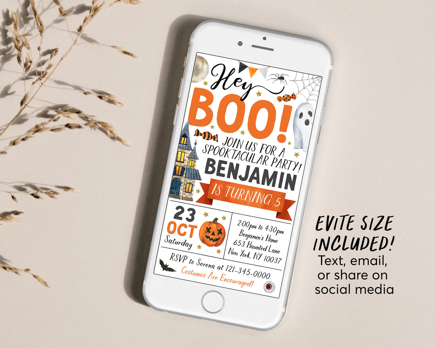 Halloween Birthday Invitation Editable Template, Hey Boo Ghost Party Invite, Kids Spooktacular Halloween Costume Party Evite Printable