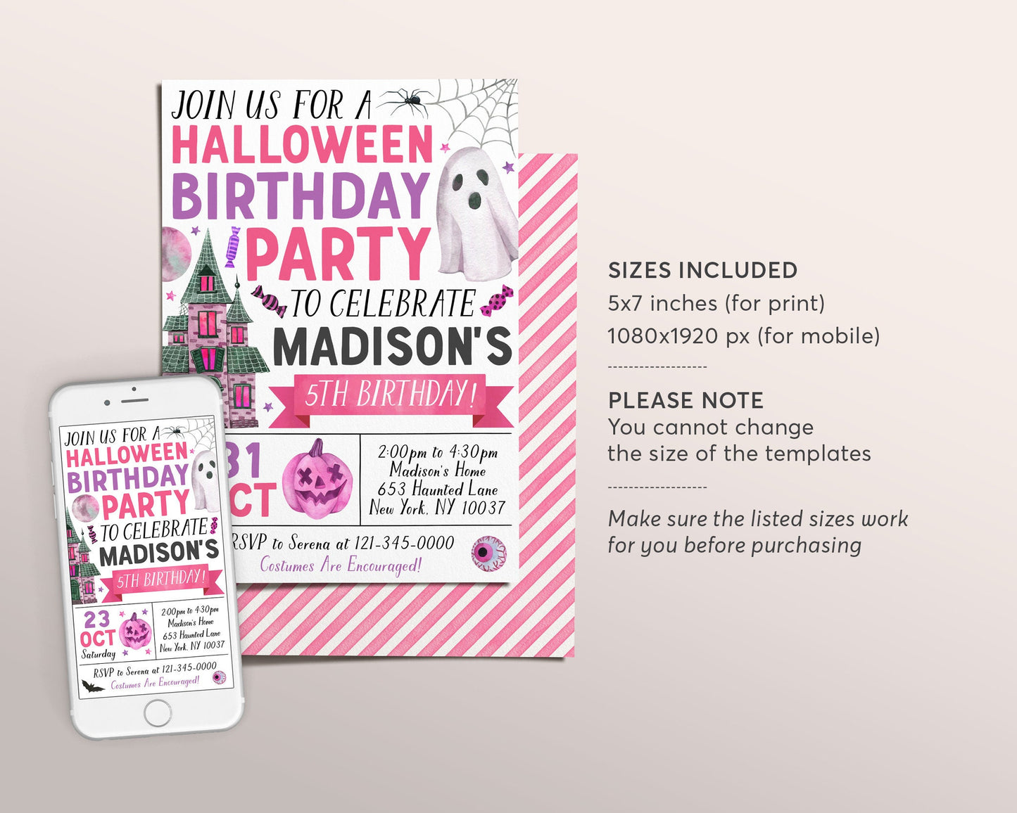 Halloween Birthday Invitation Editable Template, Girl Ghost Party Invite, Kids Spooktacular Halloween Costume Party Evite Haunted House