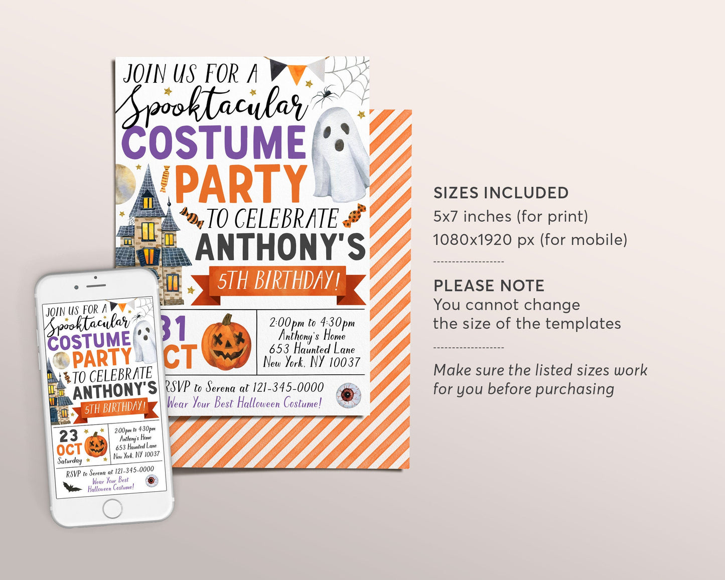 Halloween Costume Party Invitation Editable Template, Ghost Party Birthday Invite, Kids Spooktacular Halloween Party Evite, Haunted House