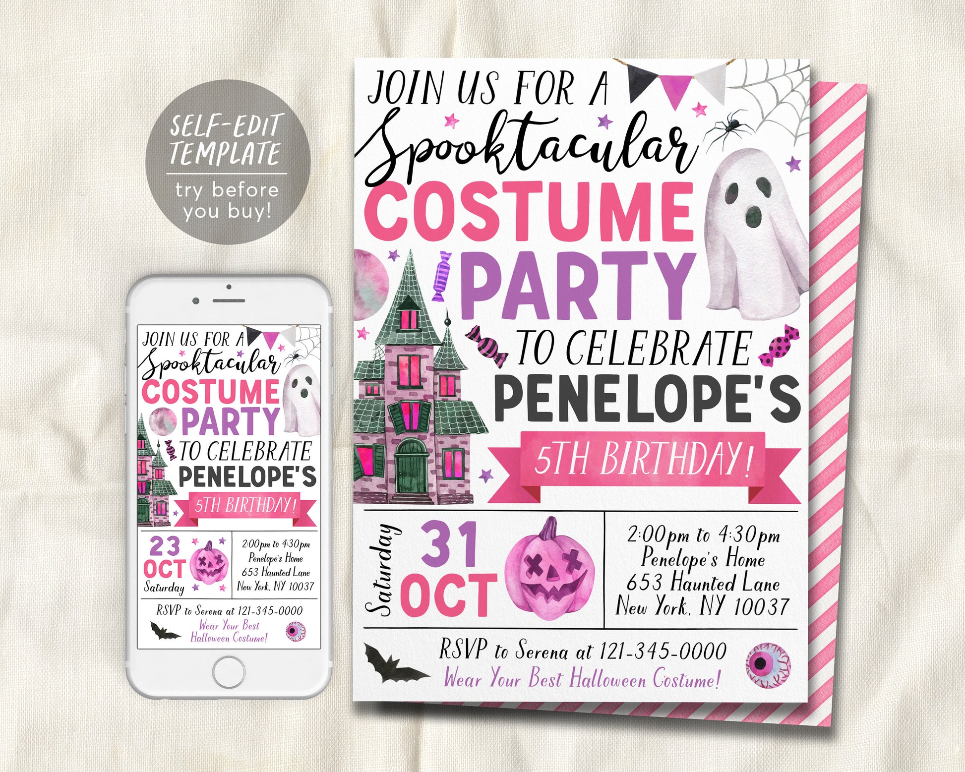 Halloween Costume Party Invitation Editable Template, Girl Pink Ghost Puff Paper Co Halloween Costume Party Invitation Editable Template, Girl Pink Ghost Puff Paper Co