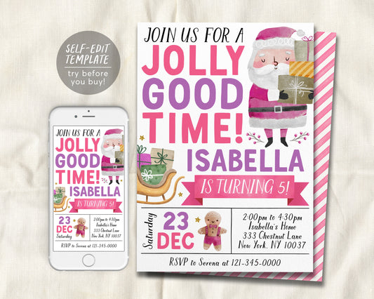 Christmas Jolly Good Time Birthday Invitation Editable Template