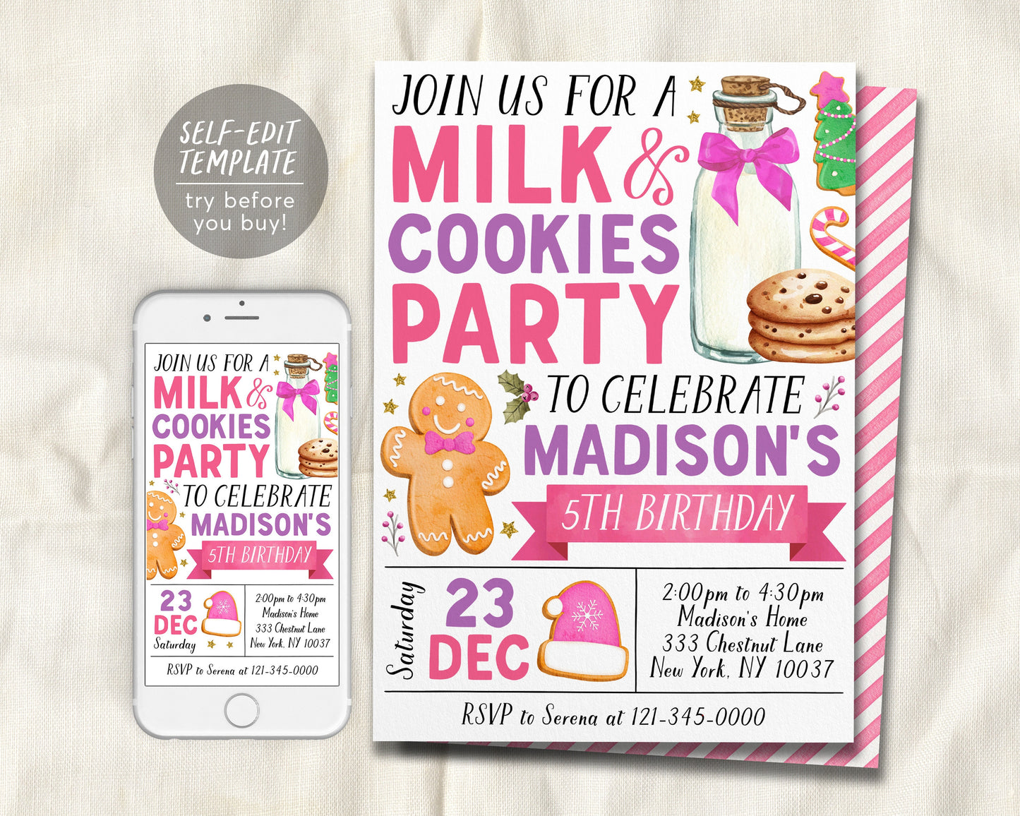 Christmas Milk and Cookies Birthday Invitation Editable Template