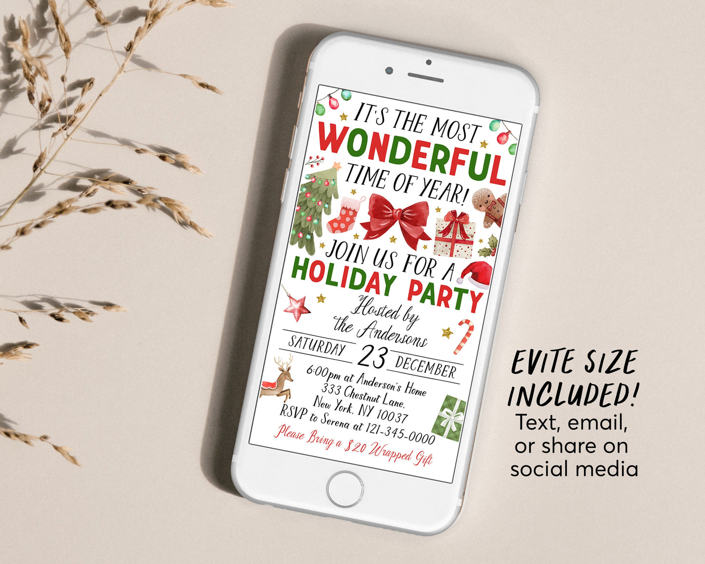 Christmas Party Invitation Editable Template, It's The Most Wonderful Time of The Year Party Invite, Holiday Celebration Festive Evite