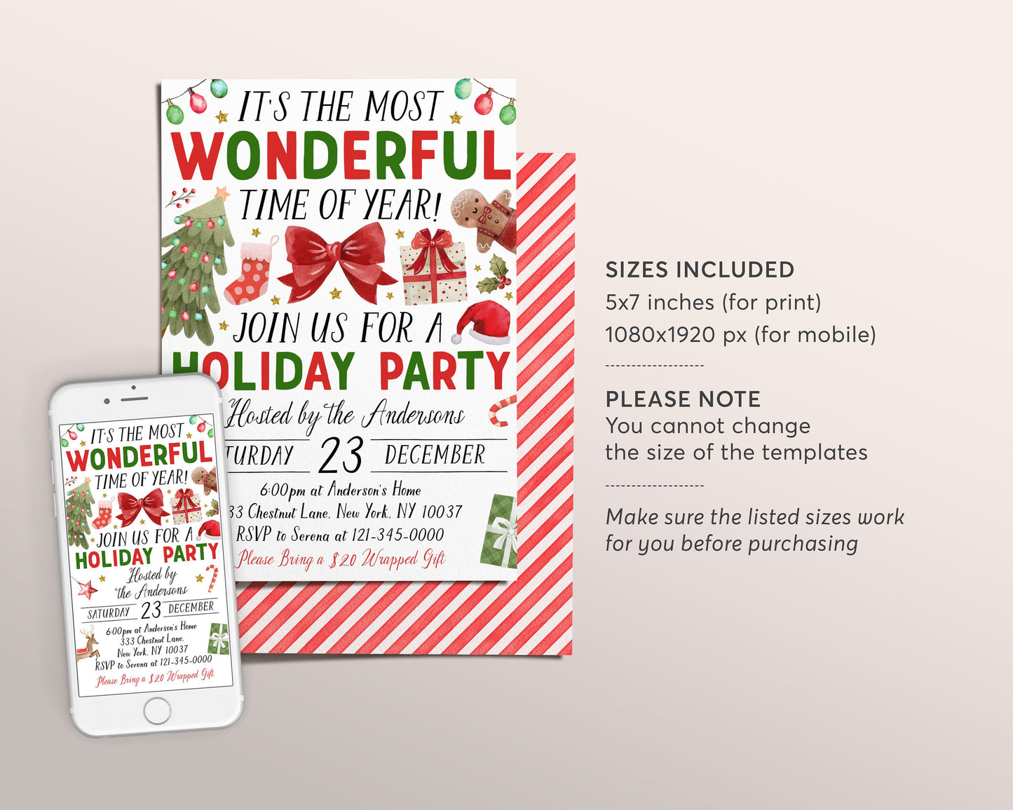 Christmas Party Invitation Editable Template, It's The Most Wonderful Time of The Year Party Invite, Holiday Celebration Festive Evite