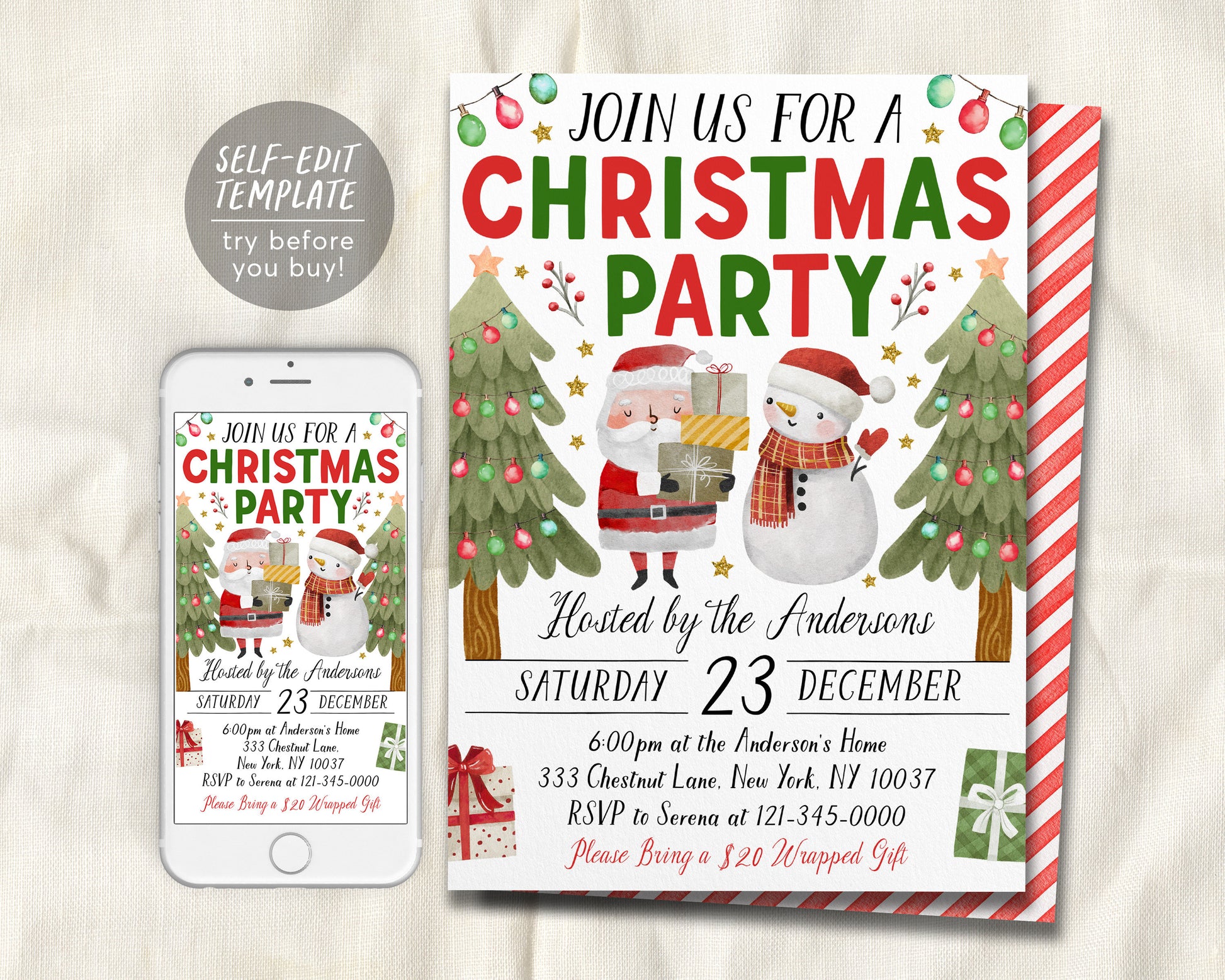 Christmas Party Invitation Editable Template, Party Invite