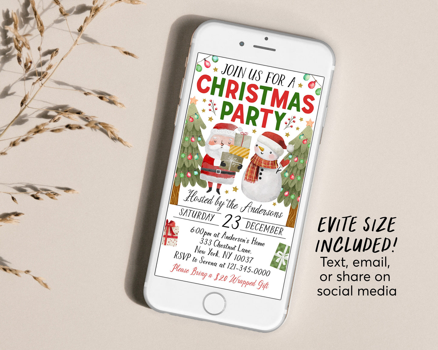 Christmas Party Invitation Editable Template, Santa Holiday Party Invite, Watercolor Snowman Xmas Celebration Festive Evite, Christmas Tree