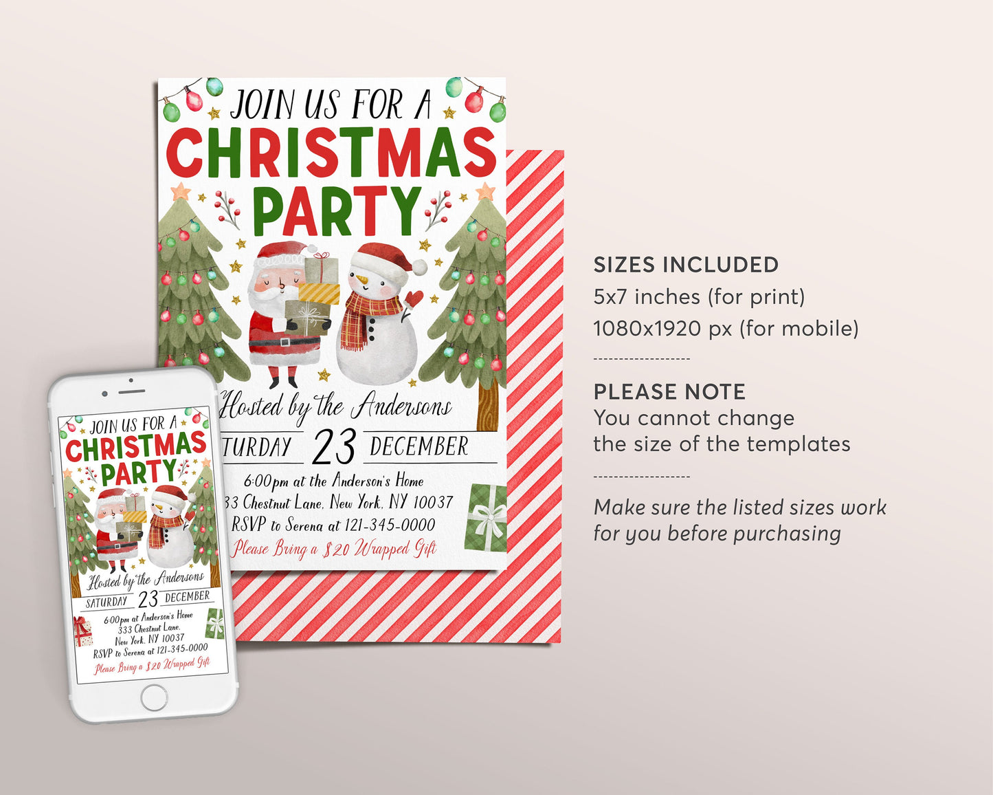 Christmas Party Invitation Editable Template, Santa Holiday Party Invite, Watercolor Snowman Xmas Celebration Festive Evite, Christmas Tree