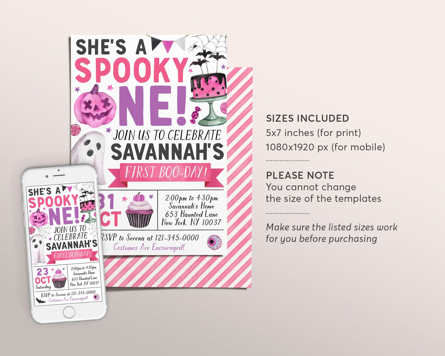 Spooky One Halloween Birthday Invitation Editable Template, Girl Ghost Spooky First Birthday Party Invite, Spooktacular Costume Party Evite