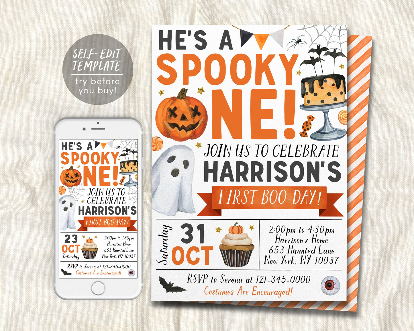 Spooky One Halloween Birthday Invitation Editable Template