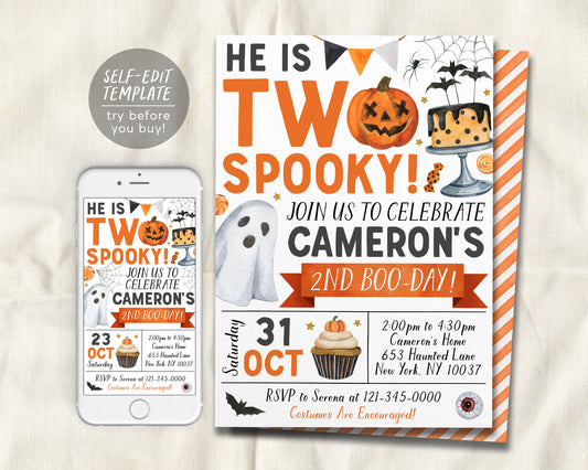 Two Spooky Halloween Birthday Invitation Editable Template