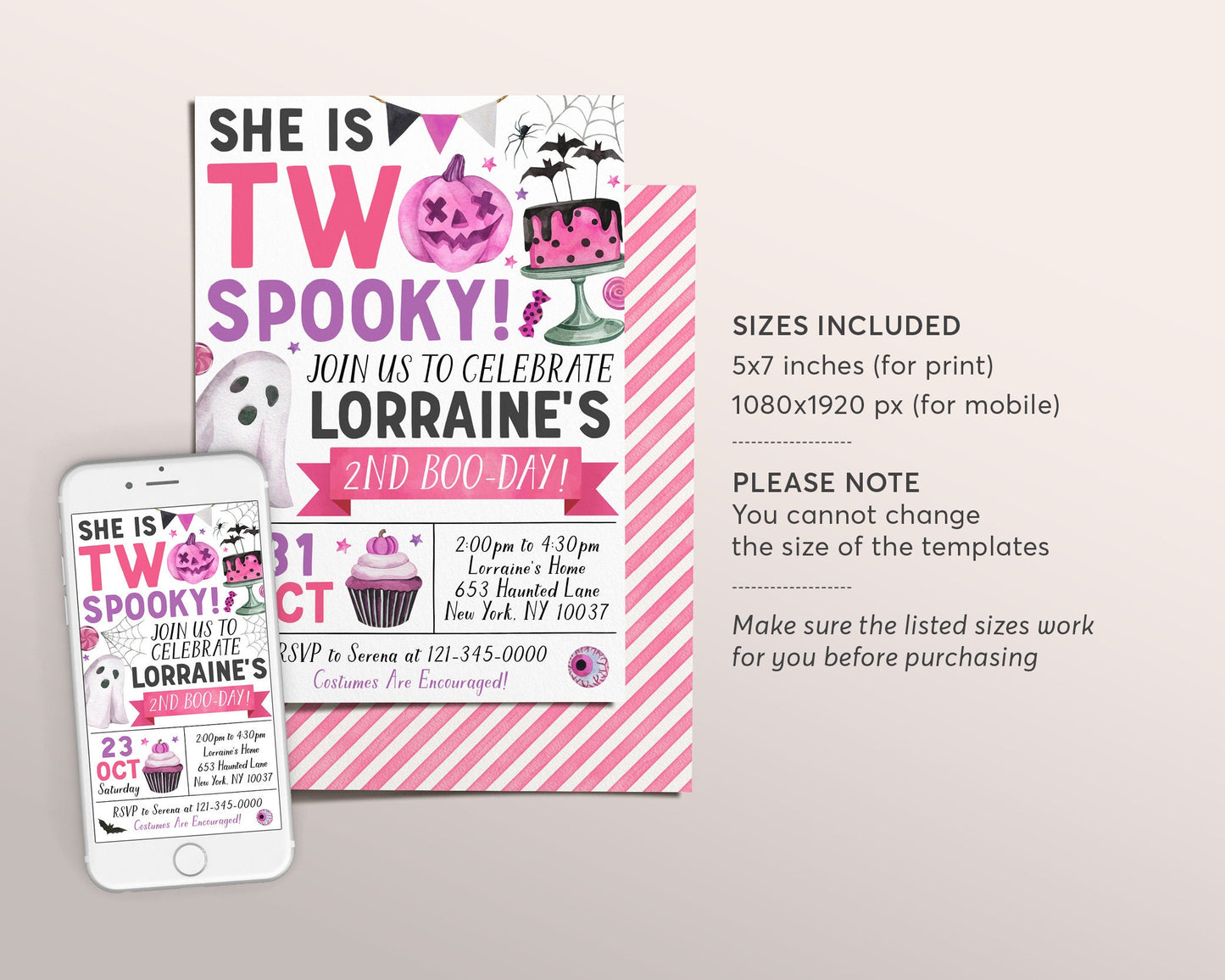 Two Spooky Halloween Birthday Invitation Editable Template, Girl Ghost Spooky 2nd Birthday Party Invite Spooktacular Costume Party Evite