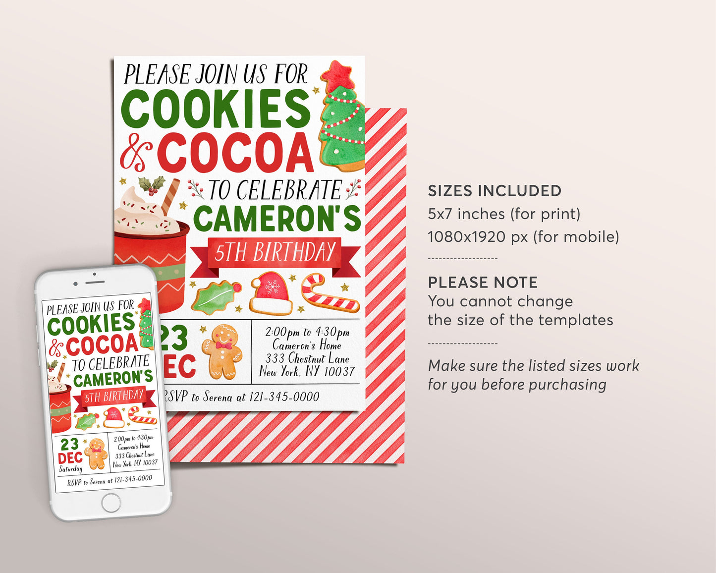 Cookies And Cocoa Birthday Invitation Editable Template, Kids Christmas Holiday Cheer Cookies And Hot Chocolate Winter Party Invite Evite