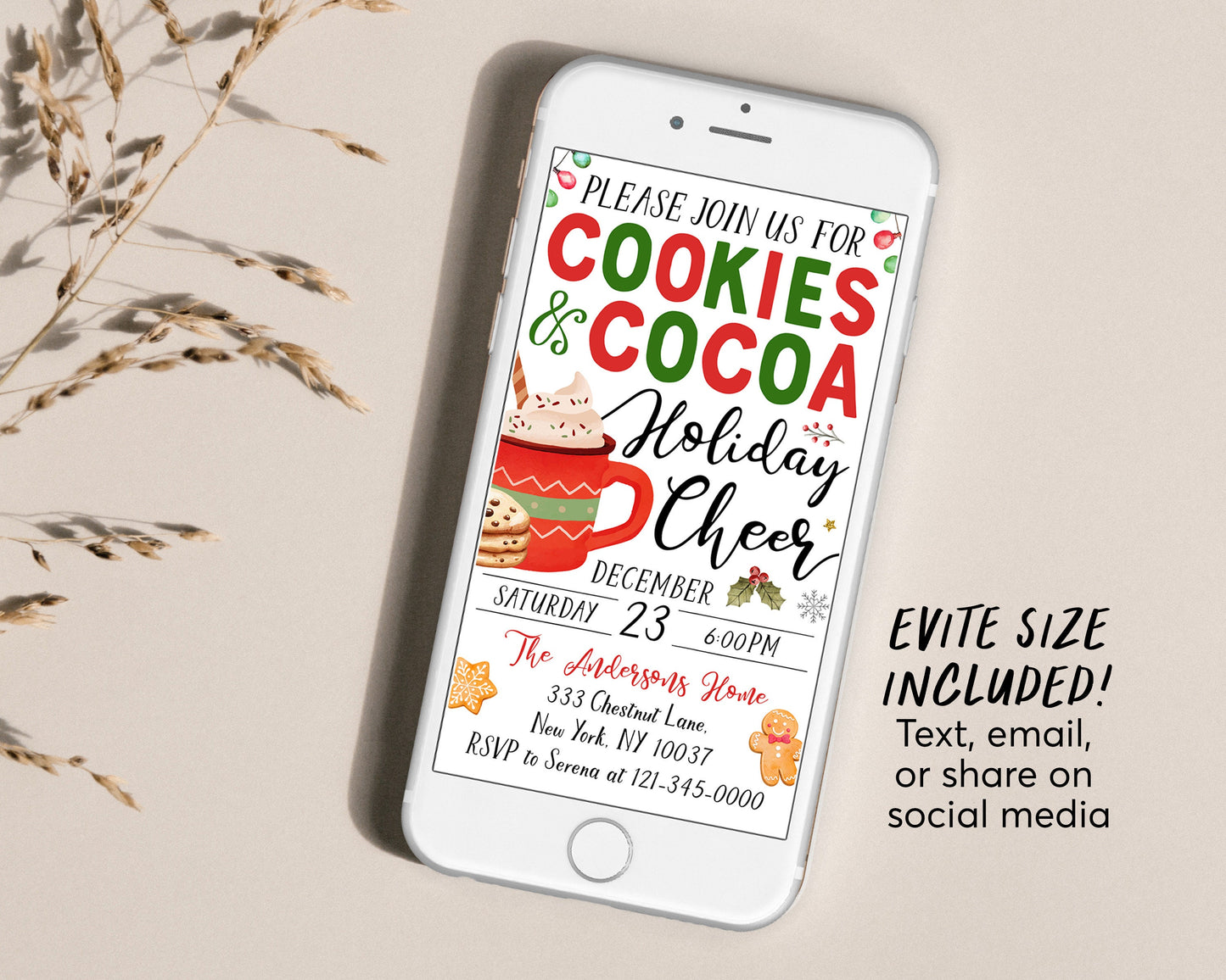 Cookies and Cocoa Invitation Editable Template, Christmas Holiday Cheer Cookies And Hot Chocolate Festive Winter Party Invite Evite