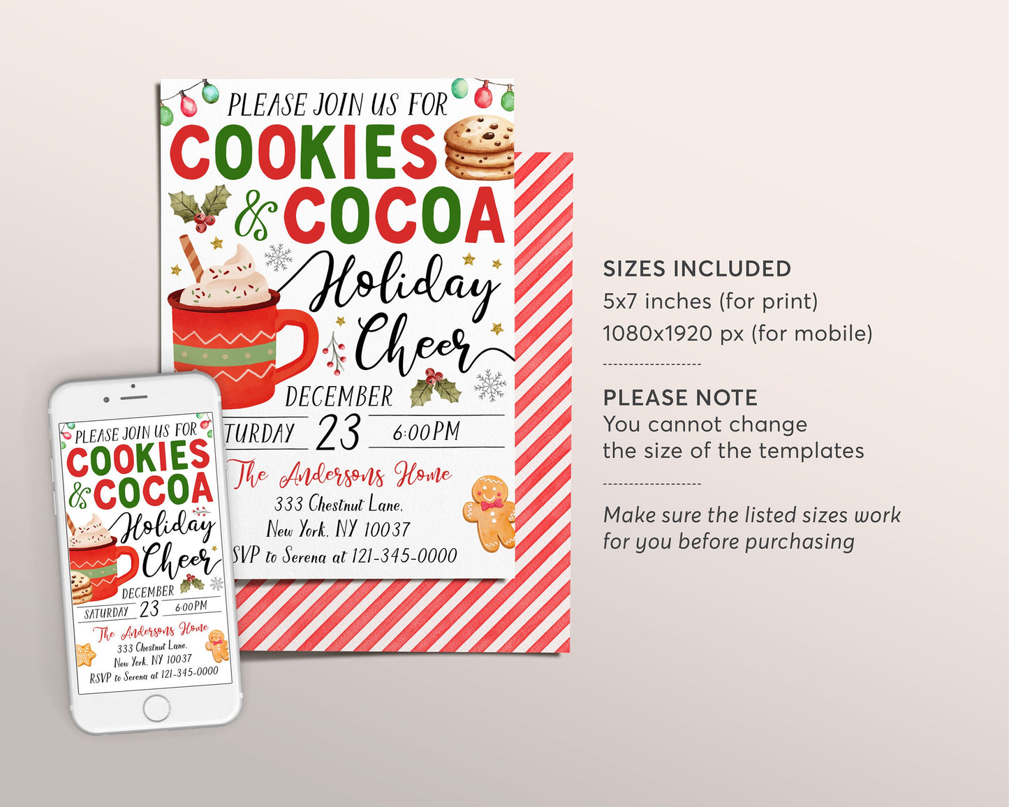 Cookies and Cocoa Invitation Editable Template, Christmas Holiday Cheer Cookies And Hot Chocolate Festive Winter Party Invite Evite