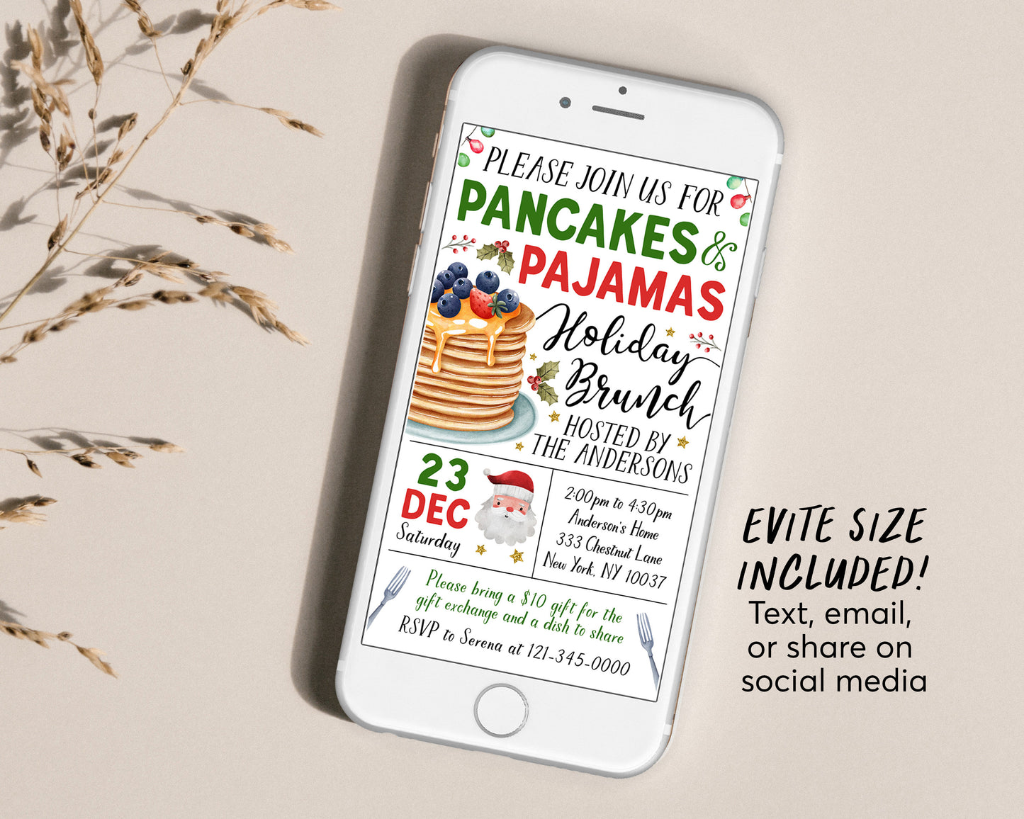 Christmas Pancakes and Pajamas Invitation Editable Template, Xmas Holiday Brunch Flapjacks And PJs Party Invite, Pancakes With Santa Evite