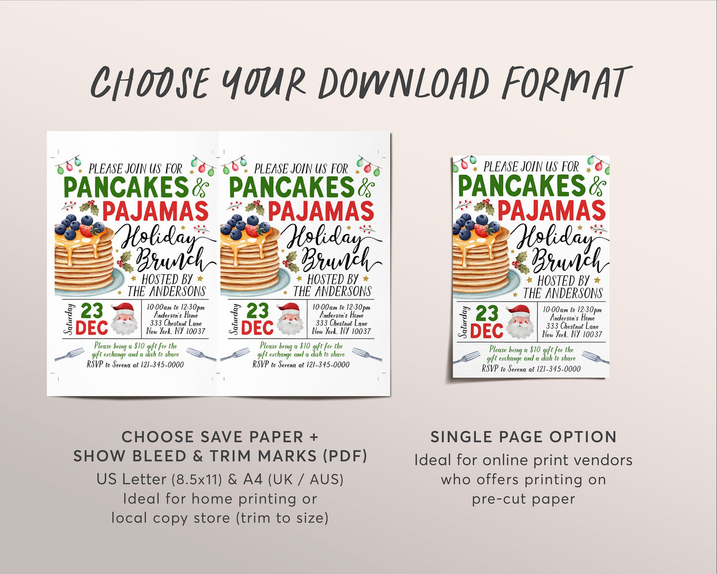 Christmas Pancakes and Pajamas Invitation Editable Template, Xmas Holiday Brunch Flapjacks And PJs Party Invite, Pancakes With Santa Evite