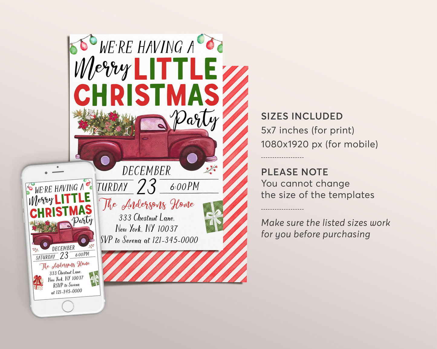 Merry Little Christmas Party Invitation Editable Template, Holiday Christmas Tree Truck Party Invite, Watercolor Celebration Festive Evite