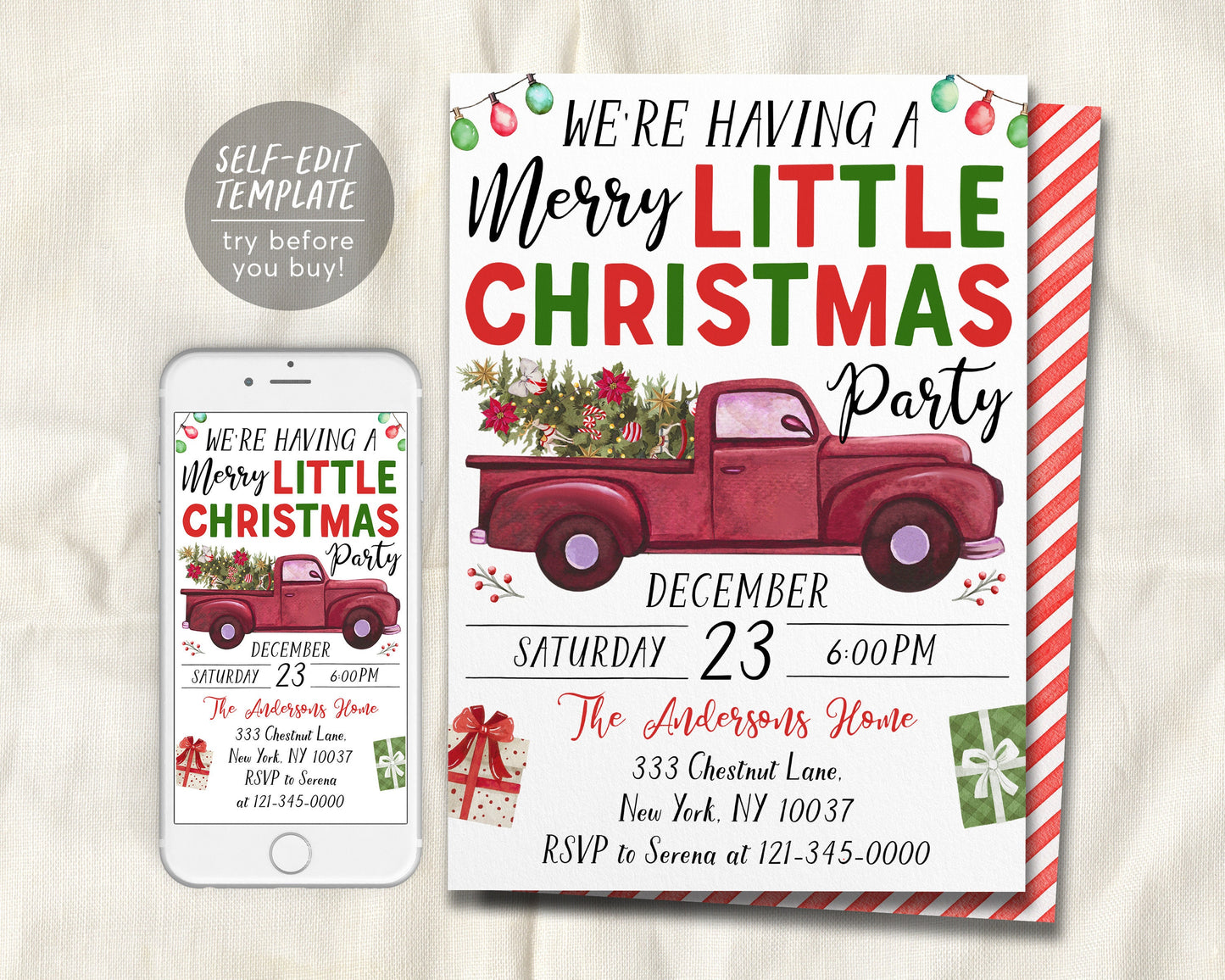 Merry Little Christmas Party Invitation Editable Template