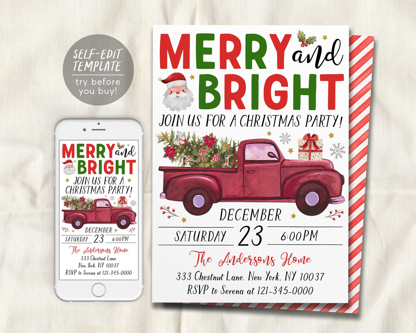 Christmas Merry And Bright Party Invitation Editable Template