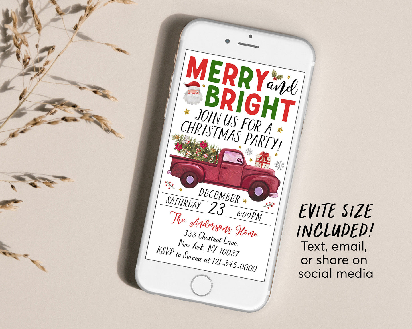 Christmas Merry And Bright Party Invitation Editable Template, Holiday Christmas Tree Truck Party Invite, Watercolor Celebration Festive