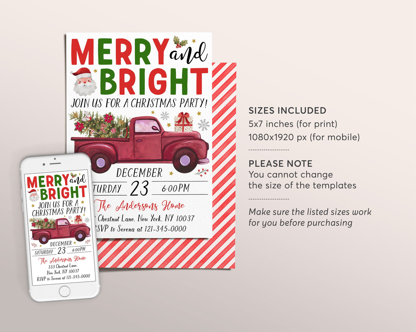 Christmas Merry And Bright Party Invitation Editable Template, Holiday Christmas Tree Truck Party Invite, Watercolor Celebration Festive