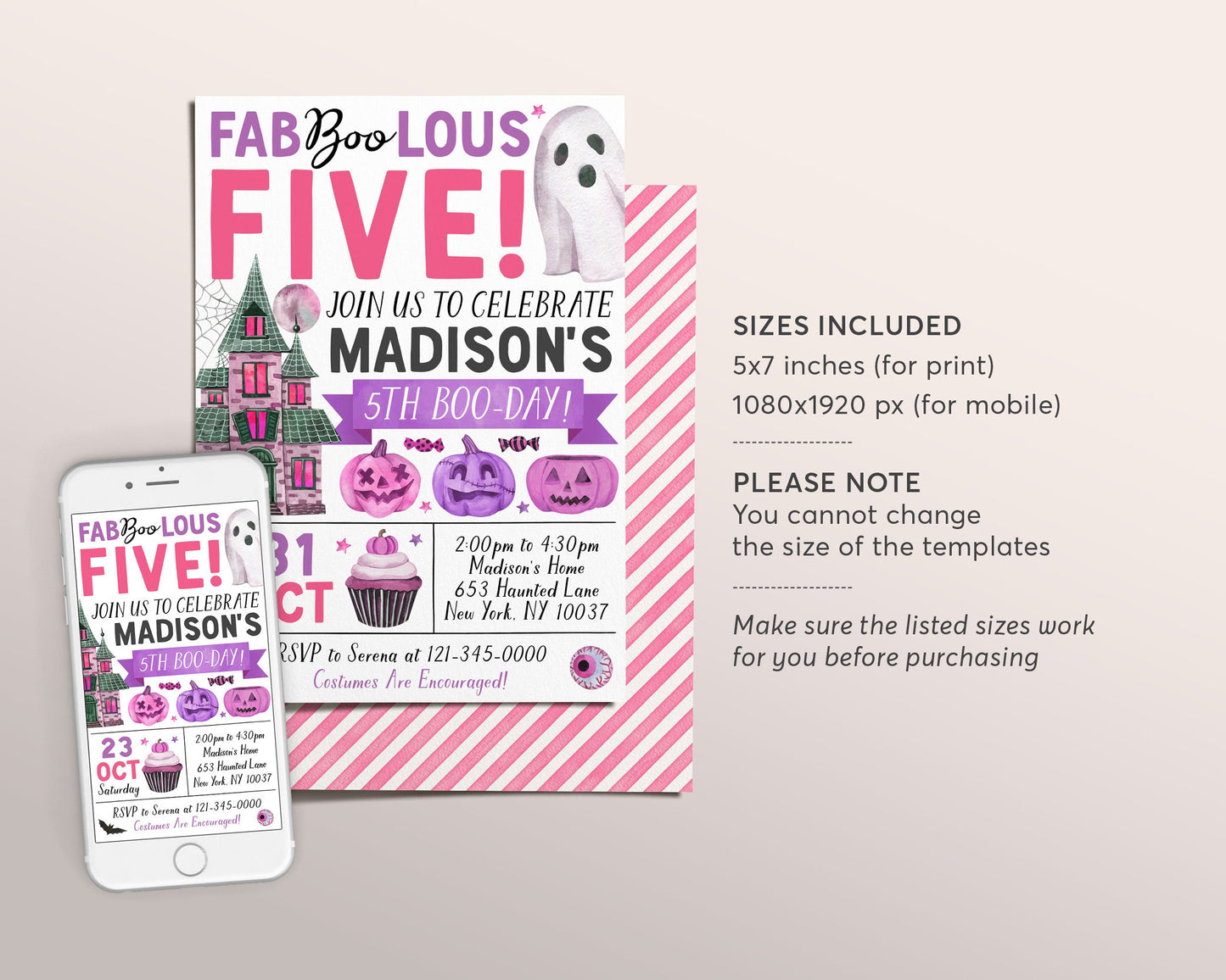 Halloween 5th Birthday Invitation Editable Template, Girl FabBOOlous Five Spooky Fifth Birthday Party Invite, Ghost Spooktacular Party Evite