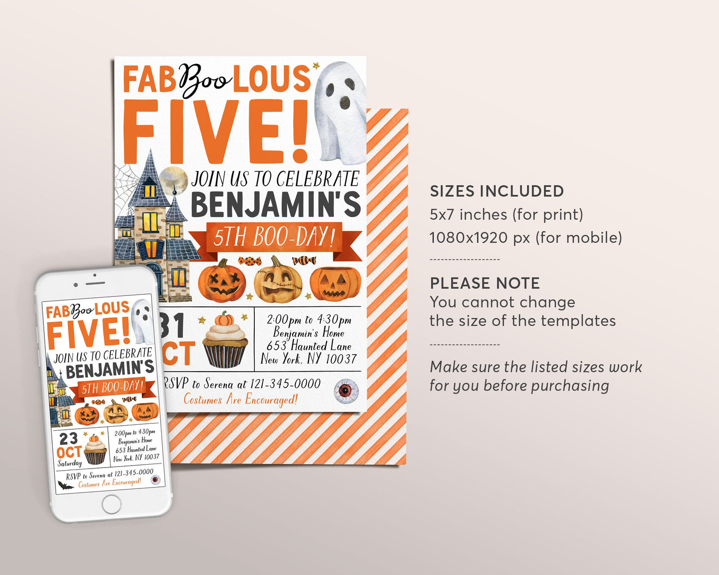 Halloween 5th Birthday Invitation Editable Template, FabBOOlous Five Spooky Fifth Birthday Party Invite, Ghost Spooktacular Party Evite