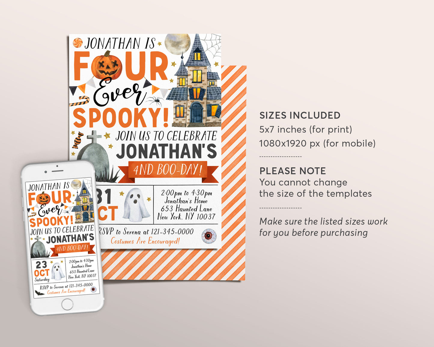 Four Ever Spooky Halloween 4th Birthday Invitation Editable Template, Spooky Fourth Birthday Party Invite, Ghost Spooktacular Costume Evite